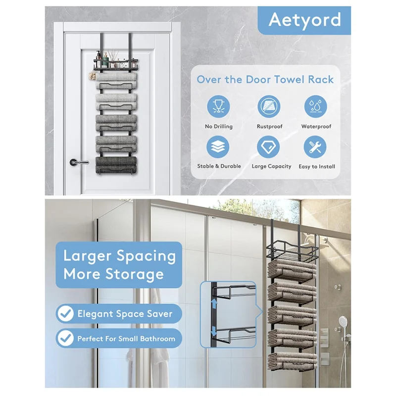 Porte-serviettes suspendu 6 étages en fer, organisateur de salle de bain, support de rangement mural pour serviettes de bain / gants de toilette - Noir