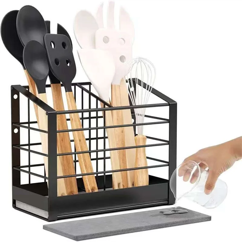 Suporte de Parede para Utensílios de Cozinha com 2 Compartimentos, Organizador com Porta-Chopsticks, Armazenamento de Talheres sem Perfuração