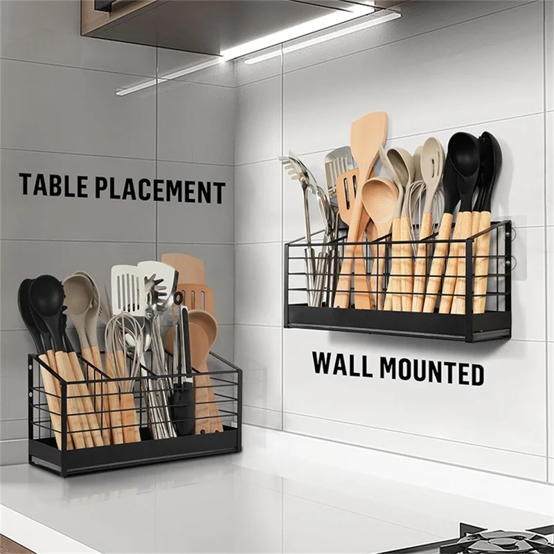 Suporte de Parede para Utensílios de Cozinha com 2 Compartimentos, Organizador com Porta-Chopsticks, Armazenamento de Talheres sem Perfuração