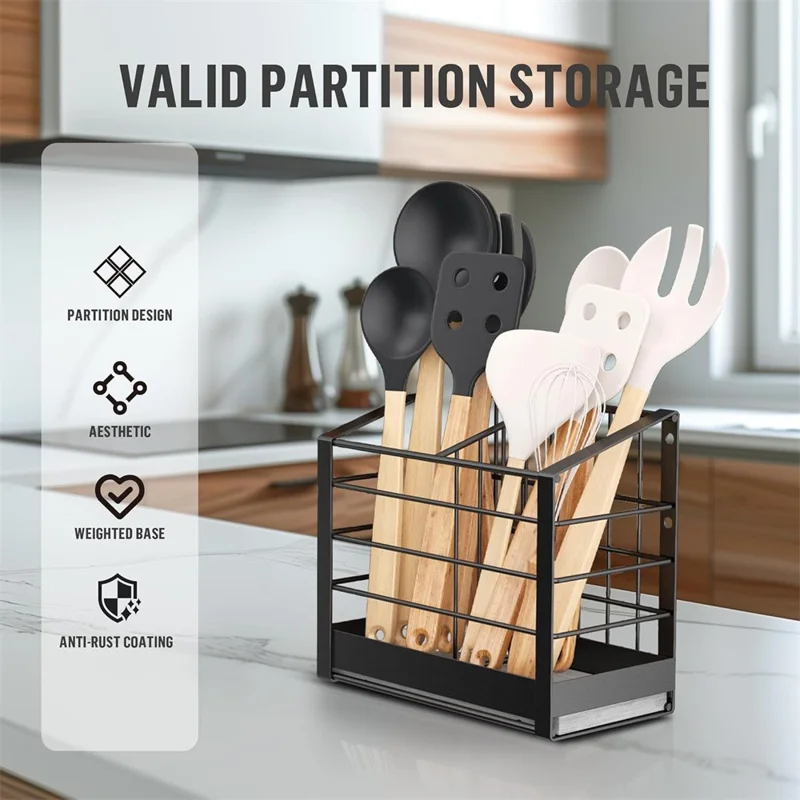 Suporte de Parede para Utensílios de Cozinha com 2 Compartimentos, Organizador com Porta-Chopsticks, Armazenamento de Talheres sem Perfuração