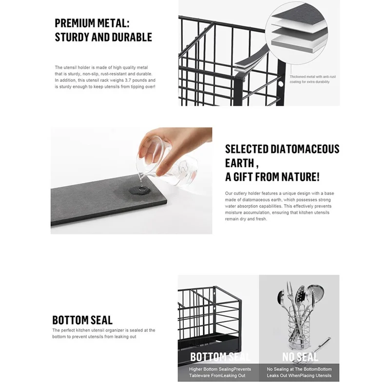 Suporte de Parede para Utensílios de Cozinha com 2 Compartimentos, Organizador com Porta-Chopsticks, Armazenamento de Talheres sem Perfuração