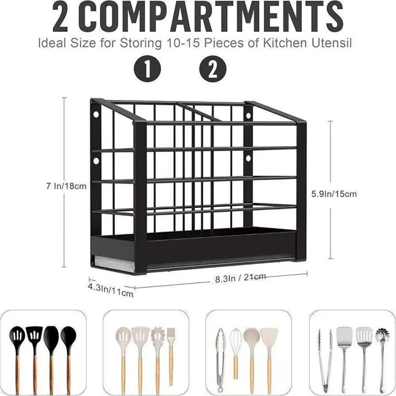 Suporte de Parede para Utensílios de Cozinha com 2 Compartimentos, Organizador com Porta-Chopsticks, Armazenamento de Talheres sem Perfuração