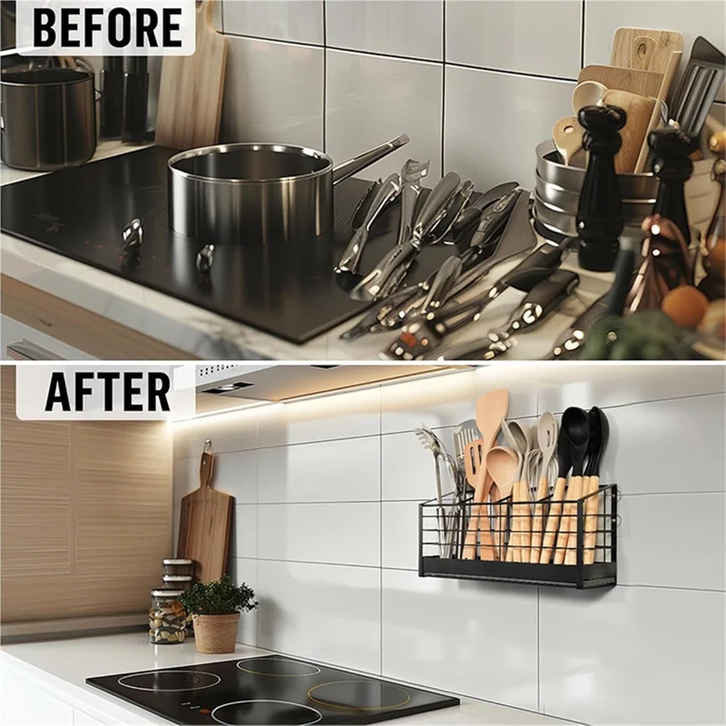 Suporte de Parede para Utensílios de Cozinha com 4 Compartimentos, Porta-Chopsticks, Organizador de Talheres sem Perfuração