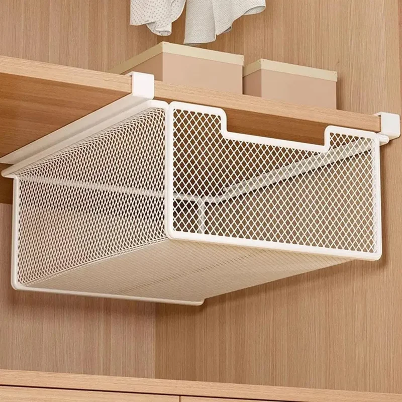 Small Iron Drawer Hanging Basket Multi-Functional Clothes Storage Layered Rack for Home Wardrobe - White