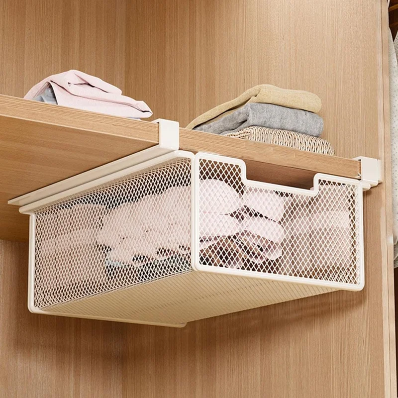 Small Iron Drawer Hanging Basket Multi-Functional Clothes Storage Layered Rack for Home Wardrobe - White