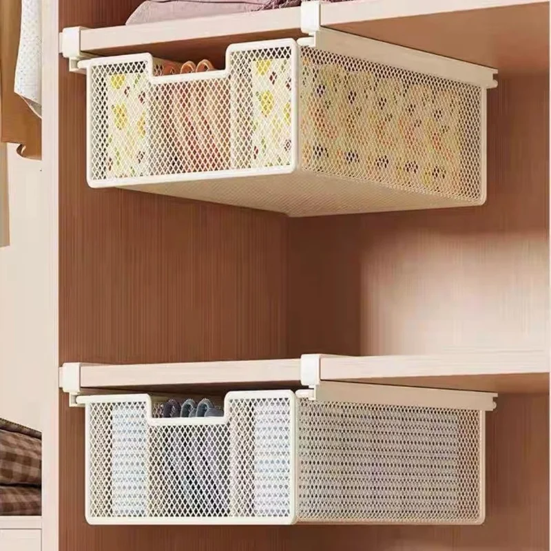 Small Iron Drawer Hanging Basket Multi-Functional Clothes Storage Layered Rack for Home Wardrobe - White