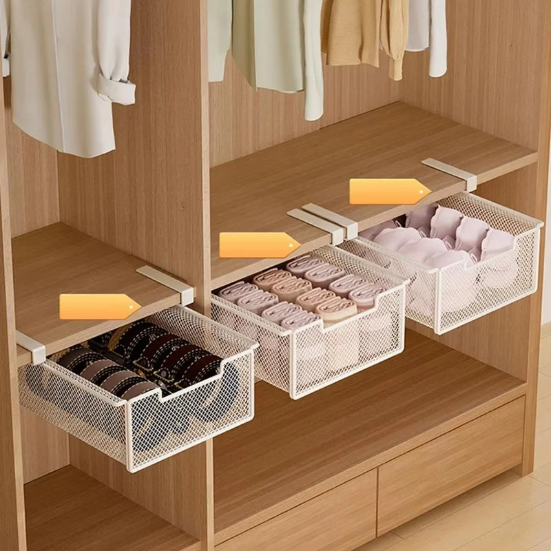 Small Iron Drawer Hanging Basket Multi-Functional Clothes Storage Layered Rack for Home Wardrobe - White