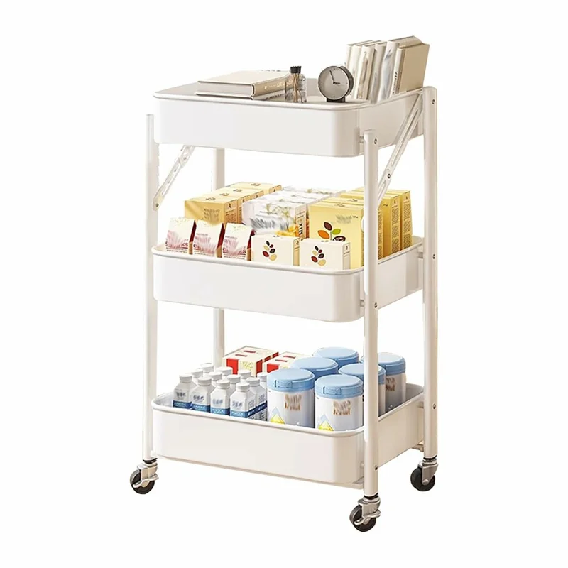 Carrello Portaoggetti Pieghevole a 3 Ripiani con Ruote Silenziose Bloccabili, Organizzatore Mobile per Cucina Bagno Camera da Letto - Bianco