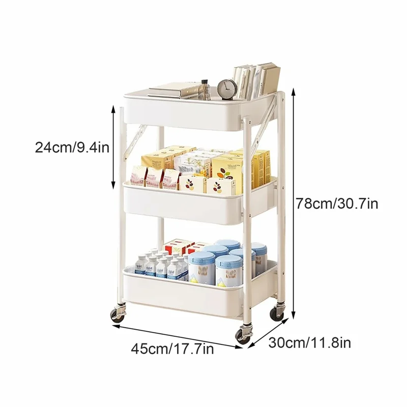 Carrello Portaoggetti Pieghevole a 3 Ripiani con Ruote Silenziose Bloccabili, Organizzatore Mobile per Cucina Bagno Camera da Letto - Bianco