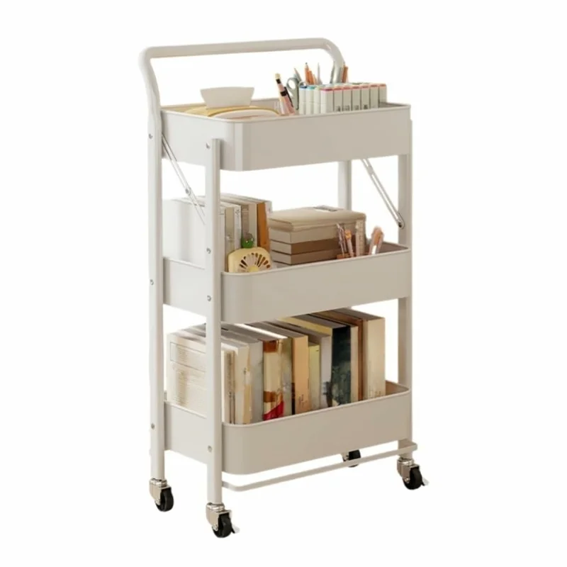 3-Tier Foldable Storage Cart with Handle Rolling Utility Organizer with Lockable Silent Wheels for Kitchen Bathroom Bedroom - White