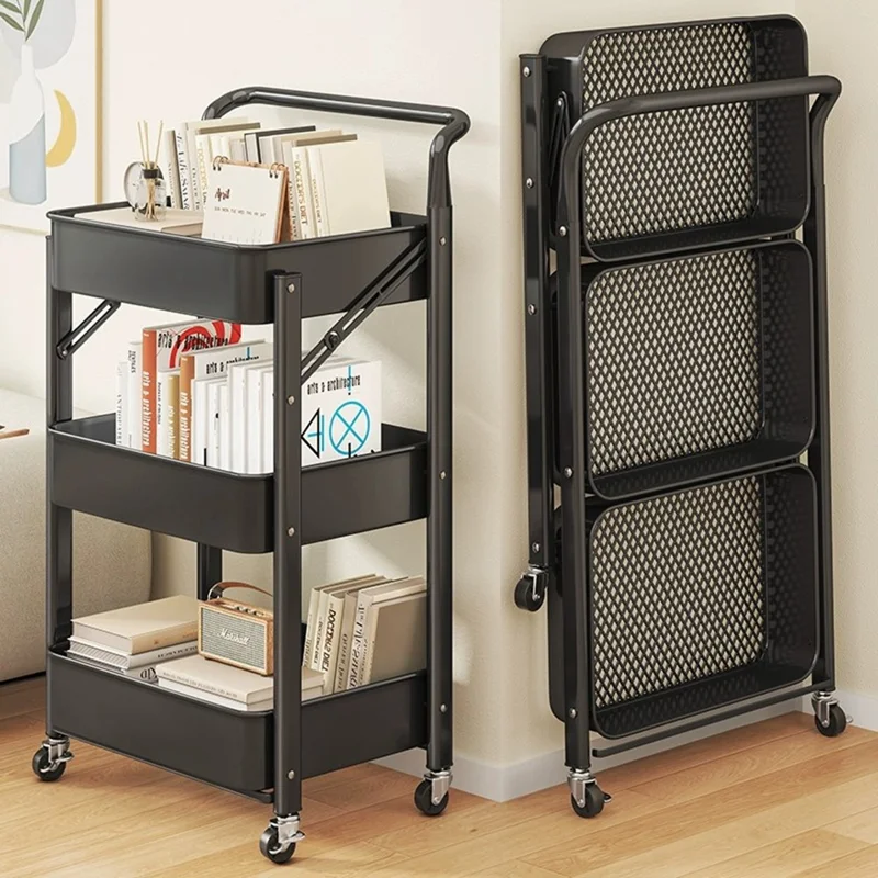 3-Tier Foldable Storage Cart with Handle Rolling Utility Organizer with Lockable Silent Wheels for Kitchen Bathroom Bedroom - White