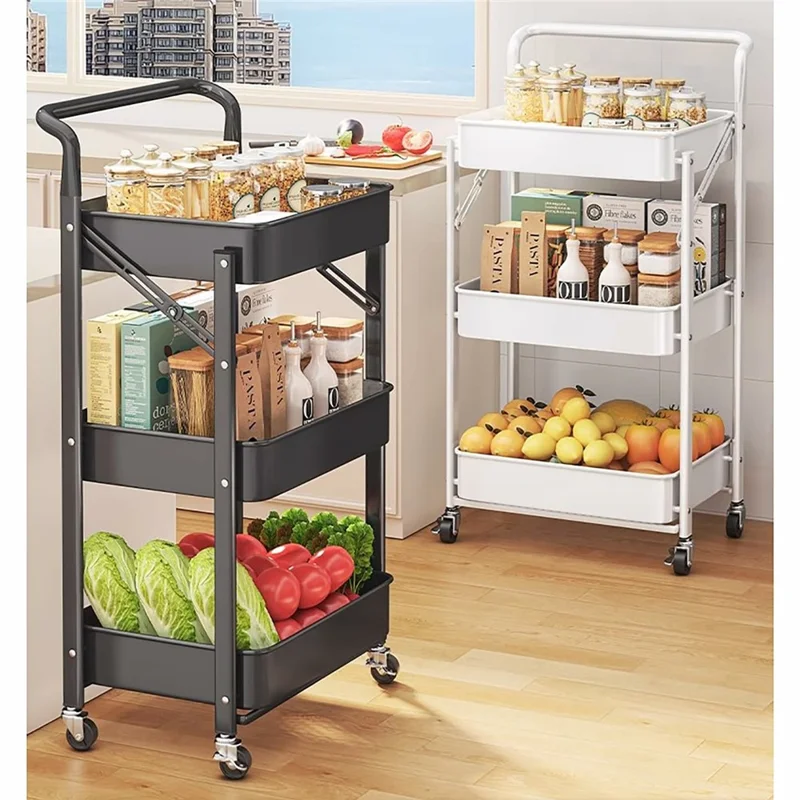 3-Tier Foldable Storage Cart with Handle Rolling Utility Organizer with Lockable Silent Wheels for Kitchen Bathroom Bedroom - White