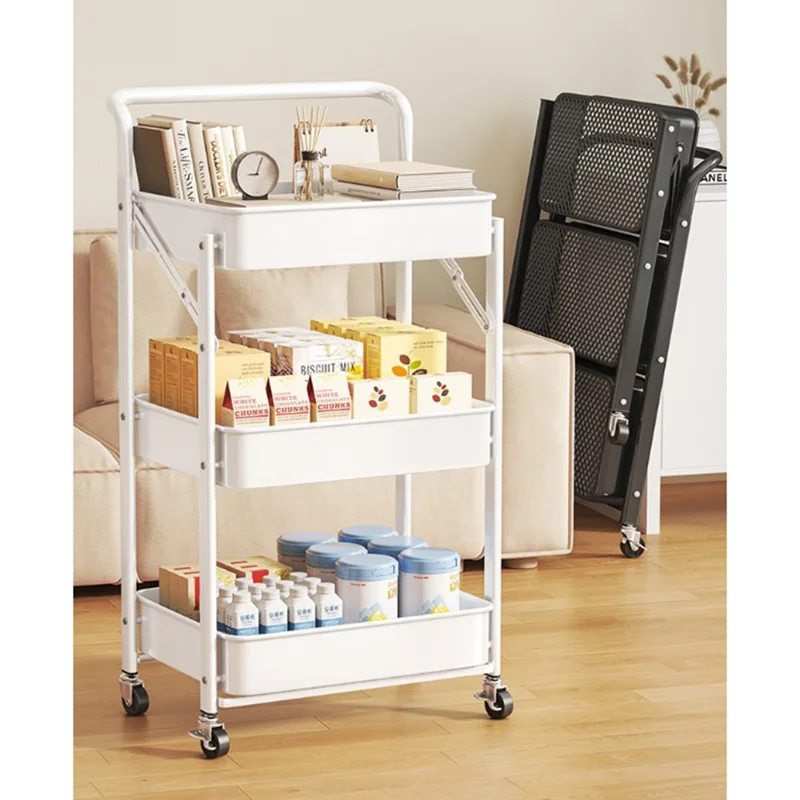 3-Tier Foldable Storage Cart with Handle Rolling Utility Organizer with Lockable Silent Wheels for Kitchen Bathroom Bedroom - White