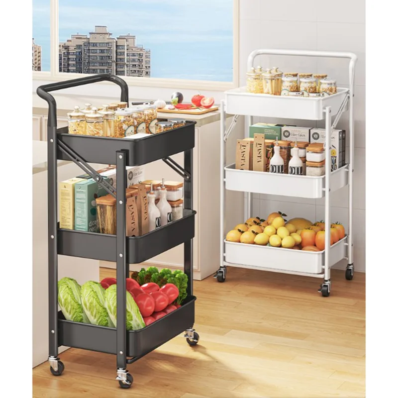3-Tier Foldable Storage Cart with Handle Rolling Utility Organizer with Lockable Silent Wheels for Kitchen Bathroom Bedroom - White