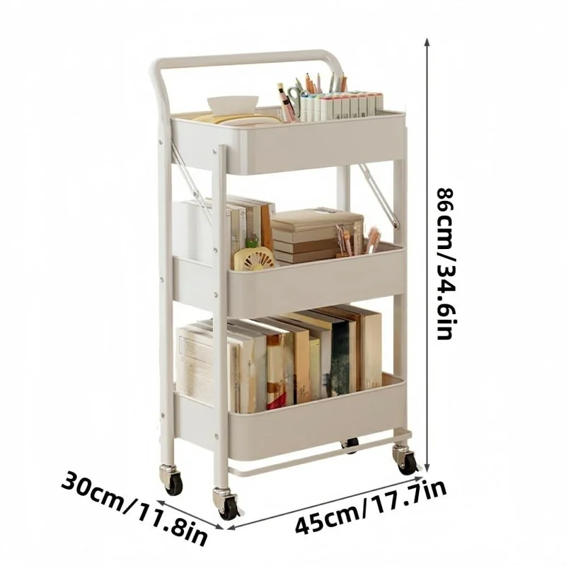 3-Tier Foldable Storage Cart with Handle Rolling Utility Organizer with Lockable Silent Wheels for Kitchen Bathroom Bedroom - White