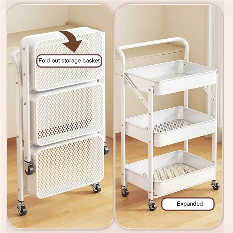 3-Tier Foldable Storage Cart with Handle Rolling Utility Organizer with Lockable Silent Wheels for Kitchen Bathroom Bedroom - White