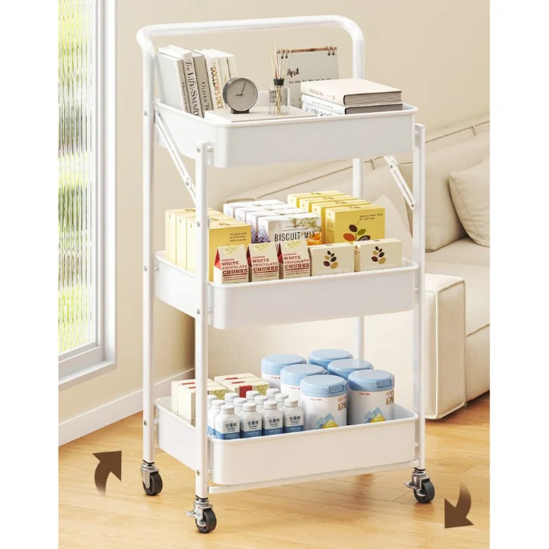 3-Tier Foldable Storage Cart with Handle Rolling Utility Organizer with Lockable Silent Wheels for Kitchen Bathroom Bedroom - White