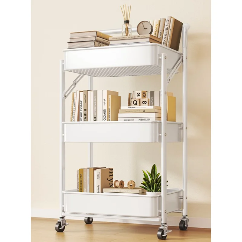 3-Tier Foldable Storage Cart with Handle Rolling Utility Organizer with Lockable Silent Wheels for Kitchen Bathroom Bedroom - White