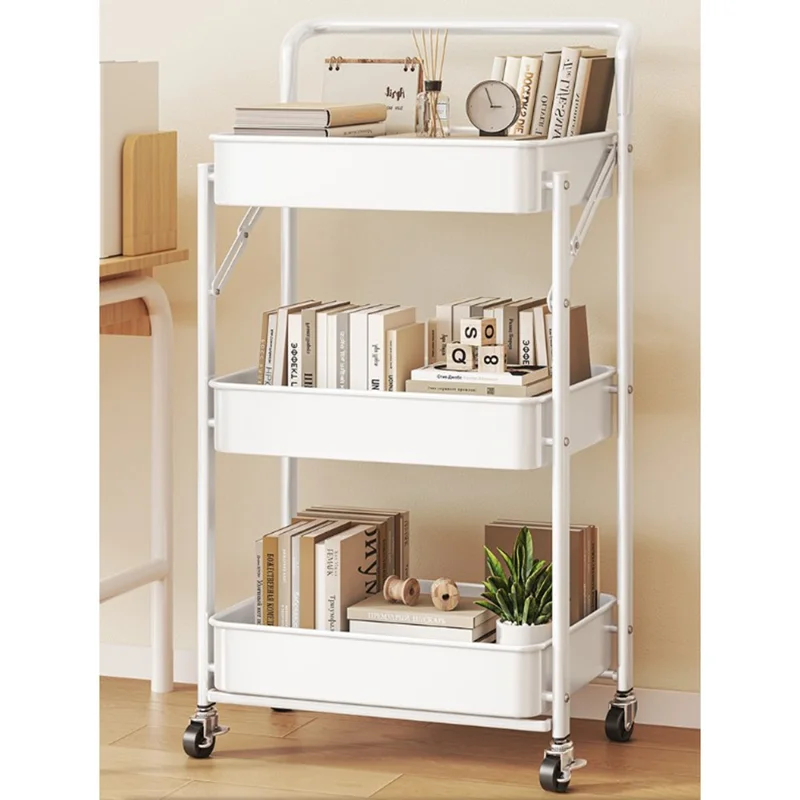3-Tier Foldable Storage Cart with Handle Rolling Utility Organizer with Lockable Silent Wheels for Kitchen Bathroom Bedroom - White
