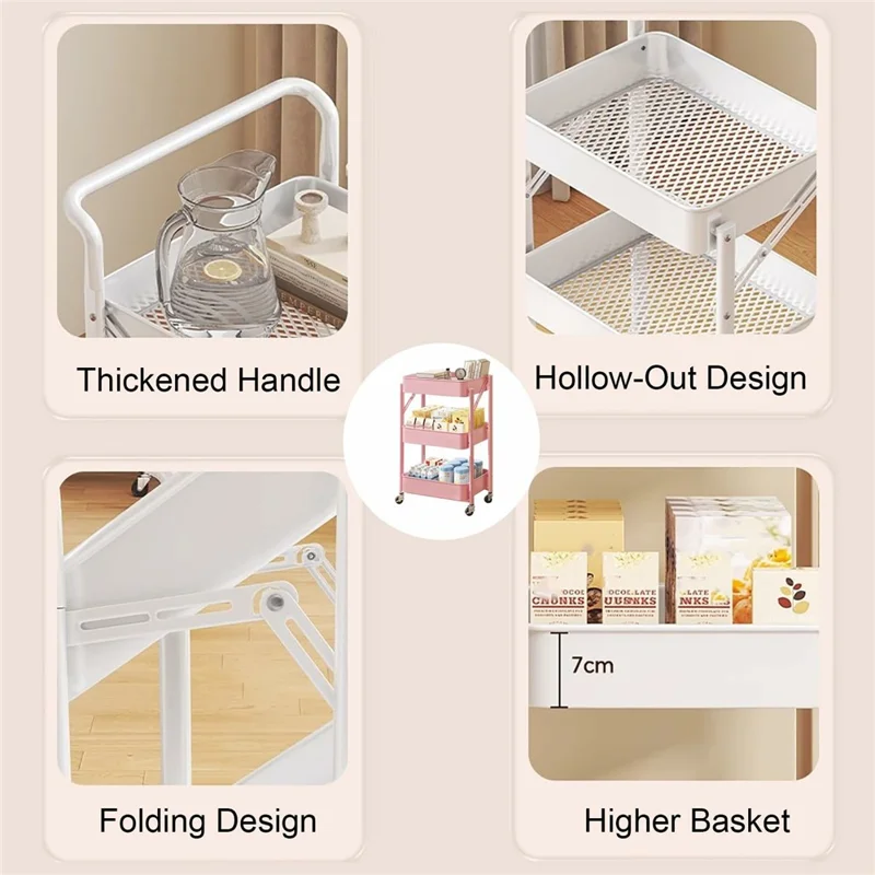 3-Tier Foldable Storage Cart with Handle Rolling Utility Organizer with Lockable Silent Wheels for Kitchen Bathroom Bedroom - White
