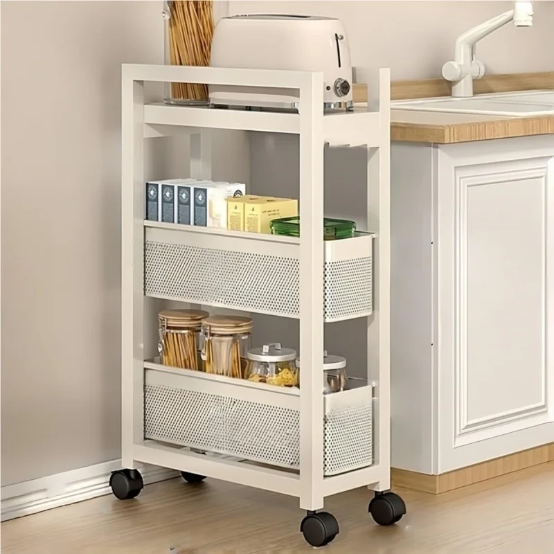 3-Tier Kitchen Gap Storage Rack Pull-Out Baskets with 360° Lockable Wheels for Refrigerator Side Bathroom - White