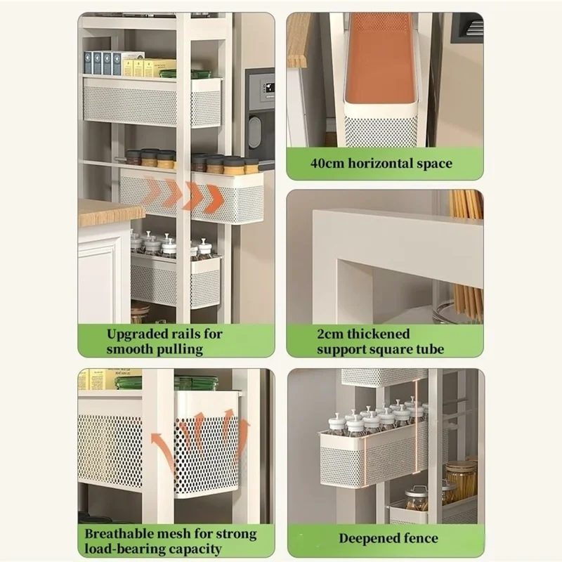 3-Tier Kitchen Gap Storage Rack Pull-Out Baskets with 360° Lockable Wheels for Refrigerator Side Bathroom - White