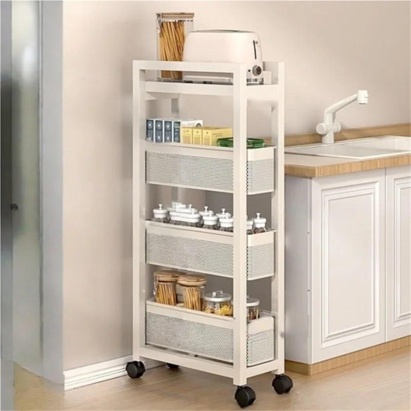 4-Tier Kitchen Gap Storage Rack Pull-Out Baskets with 360° Lockable Wheels for Refrigerator Side Bathroom - White