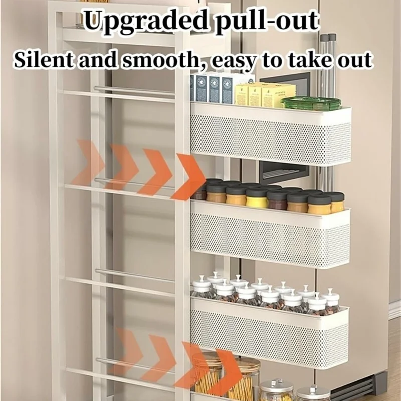 4-Tier Kitchen Gap Storage Rack Pull-Out Baskets with 360° Lockable Wheels for Refrigerator Side Bathroom - White
