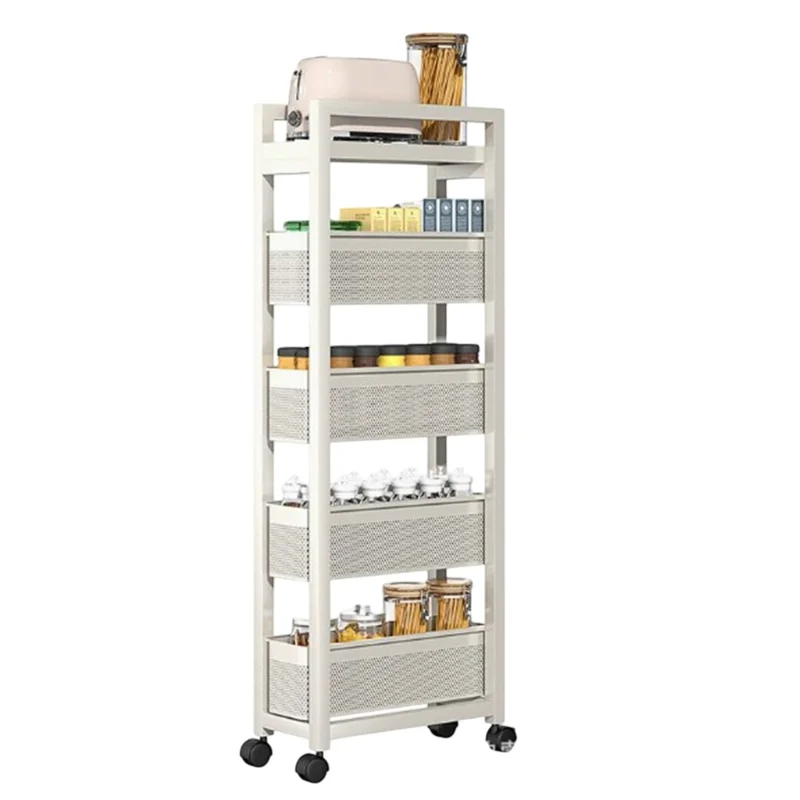5-Tier Kitchen Gap Storage Rack Pull-Out Baskets with 360° Lockable Wheels for Refrigerator Side Bathroom - White