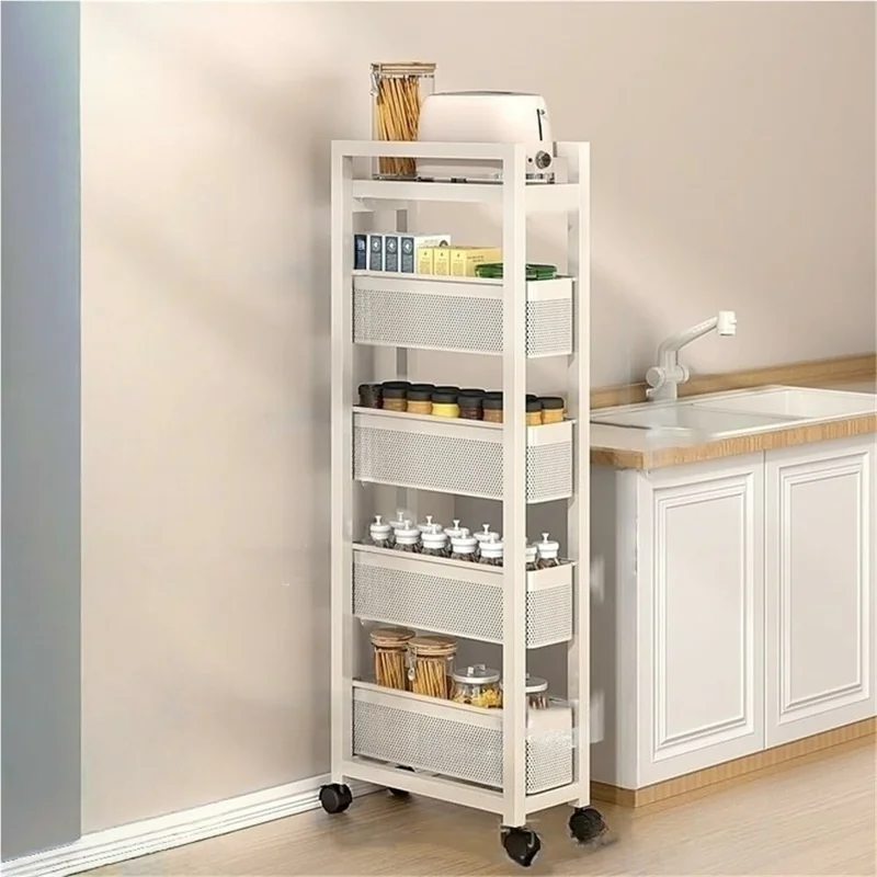 5-Tier Kitchen Gap Storage Rack Pull-Out Baskets with 360° Lockable Wheels for Refrigerator Side Bathroom - White