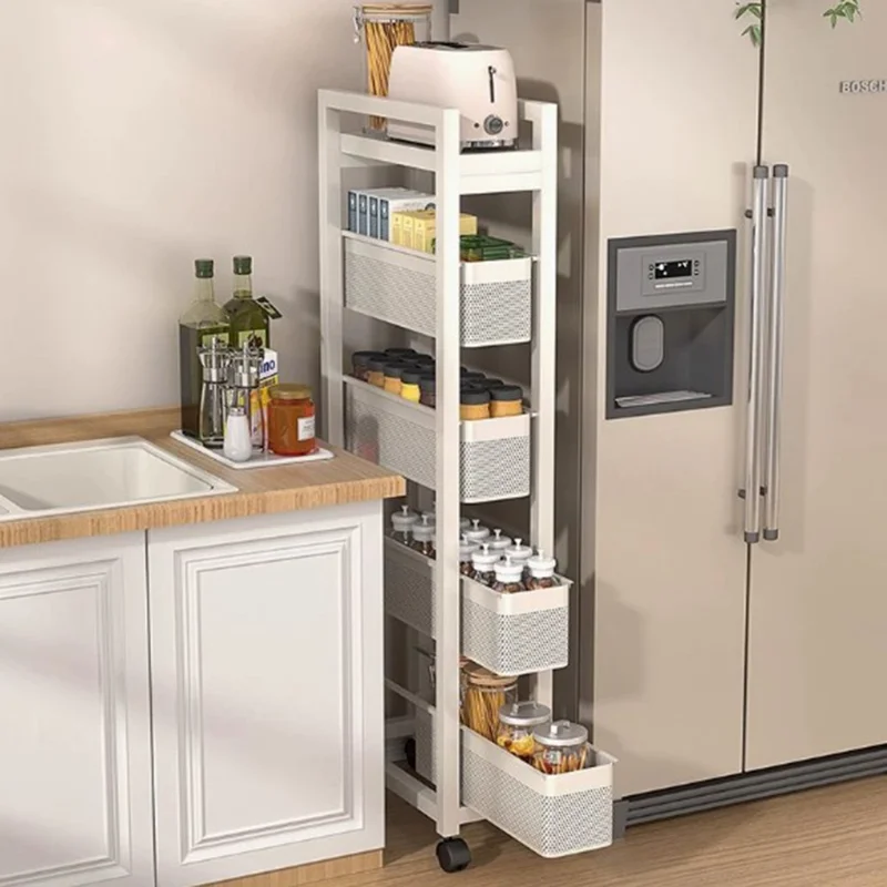 5-Tier Kitchen Gap Storage Rack Pull-Out Baskets with 360° Lockable Wheels for Refrigerator Side Bathroom - White