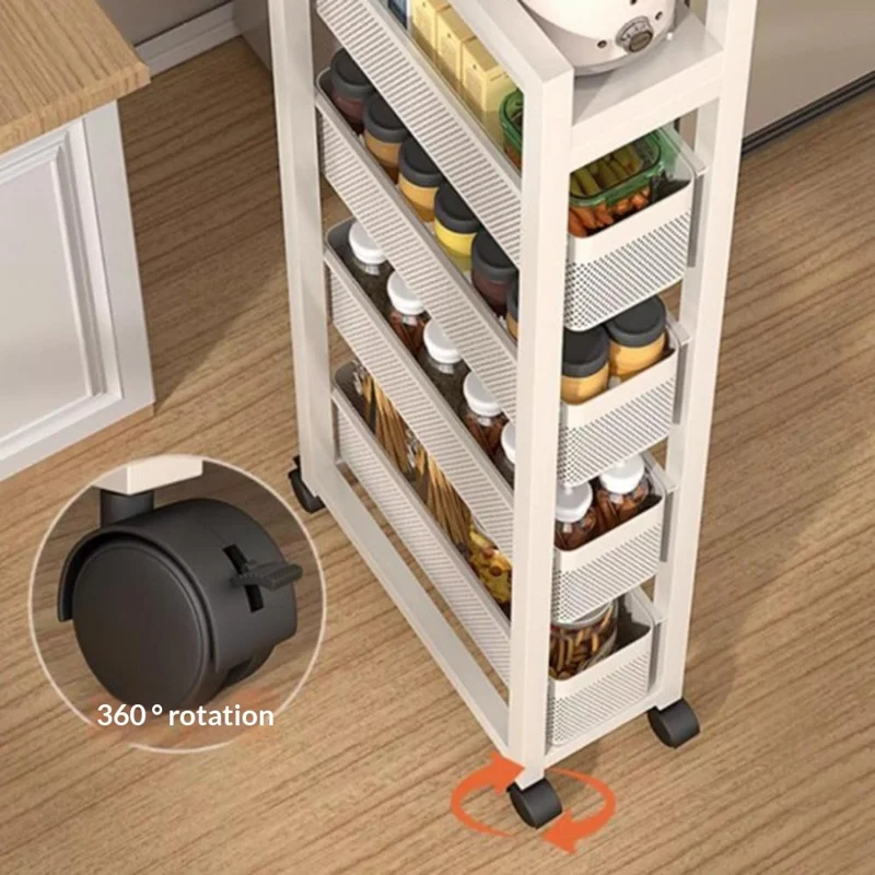 5-Tier Kitchen Gap Storage Rack Pull-Out Baskets with 360° Lockable Wheels for Refrigerator Side Bathroom - White