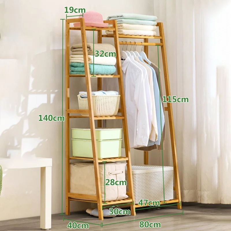 Bamboo 80cm Floor-Standing Coat Rack Strong Load-Bearing Capacity Trapezoidal Storage Shelf for Home - Natural