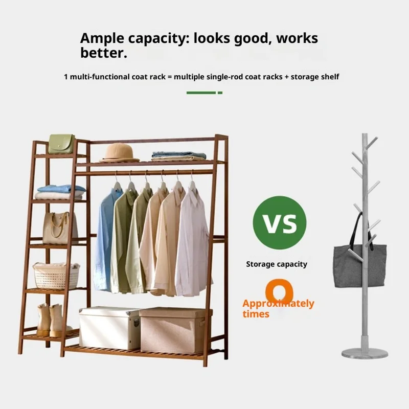 Bamboo 80cm Floor-Standing Coat Rack Strong Load-Bearing Capacity Trapezoidal Storage Shelf for Home - Natural