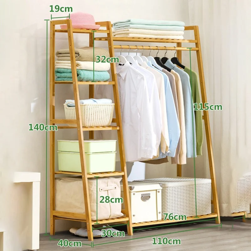 Bamboo 110cm Floor-Standing Coat Rack Strong Load-Bearing Capacity Trapezoidal Storage Shelf for Home - Natural