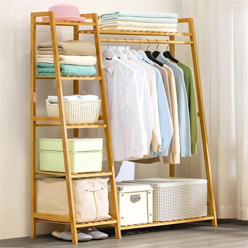Bamboo 130cm Floor-Standing Coat Rack Strong Load-Bearing Capacity Trapezoidal Storage Shelf for Home - Natural