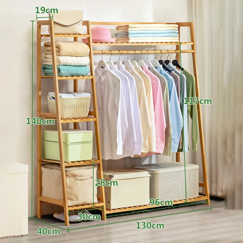 Bamboo 130cm Floor-Standing Coat Rack Strong Load-Bearing Capacity Trapezoidal Storage Shelf for Home - Natural