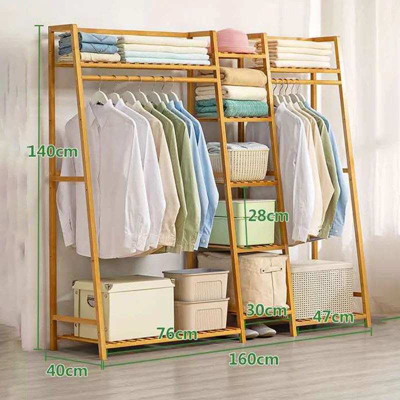 Bamboo 160cm Extended Floor-Standing Coat Rack Trapezoidal Large Capacity Storage Shelf for Home - Natural