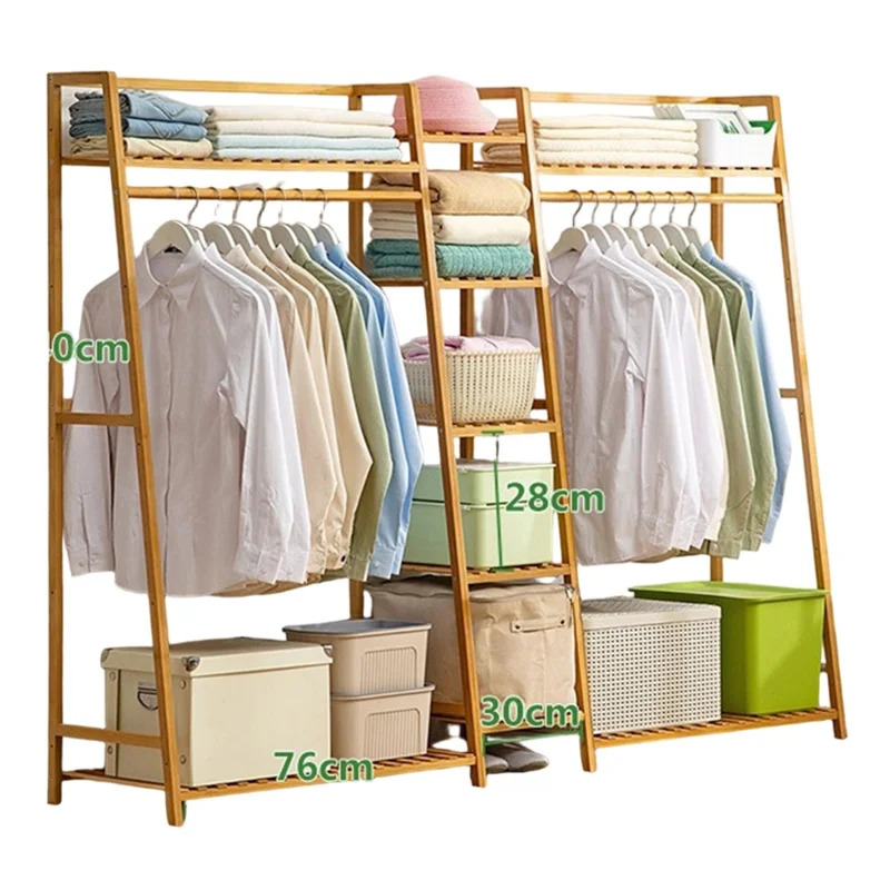 Bamboo 190cm Trapezoidal Floor-Standing Coat Rack Strong Load-Bearing Capacity Storage Shelf for Home - Natural