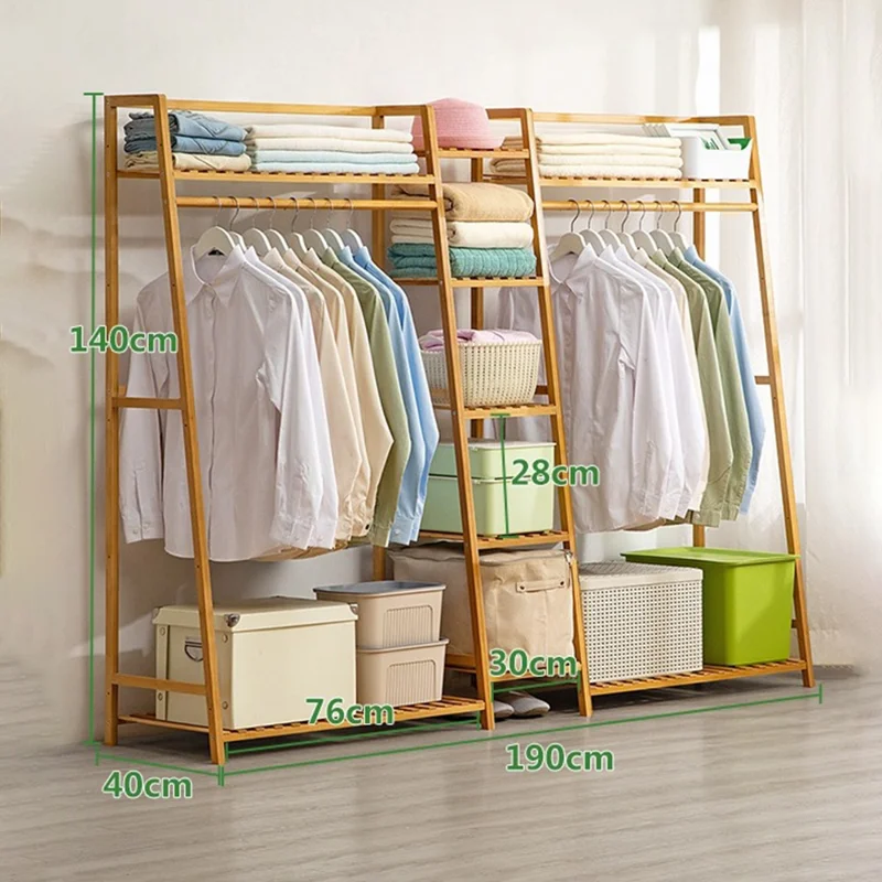 Bamboo 190cm Trapezoidal Floor-Standing Coat Rack Strong Load-Bearing Capacity Storage Shelf for Home - Natural