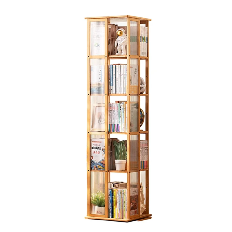 Bamboo 360° Rotating Floor-Standing Storage Rack High Capacity 5-Tier Integrated Bookshelf Space Saving for Home Living Room - Natural