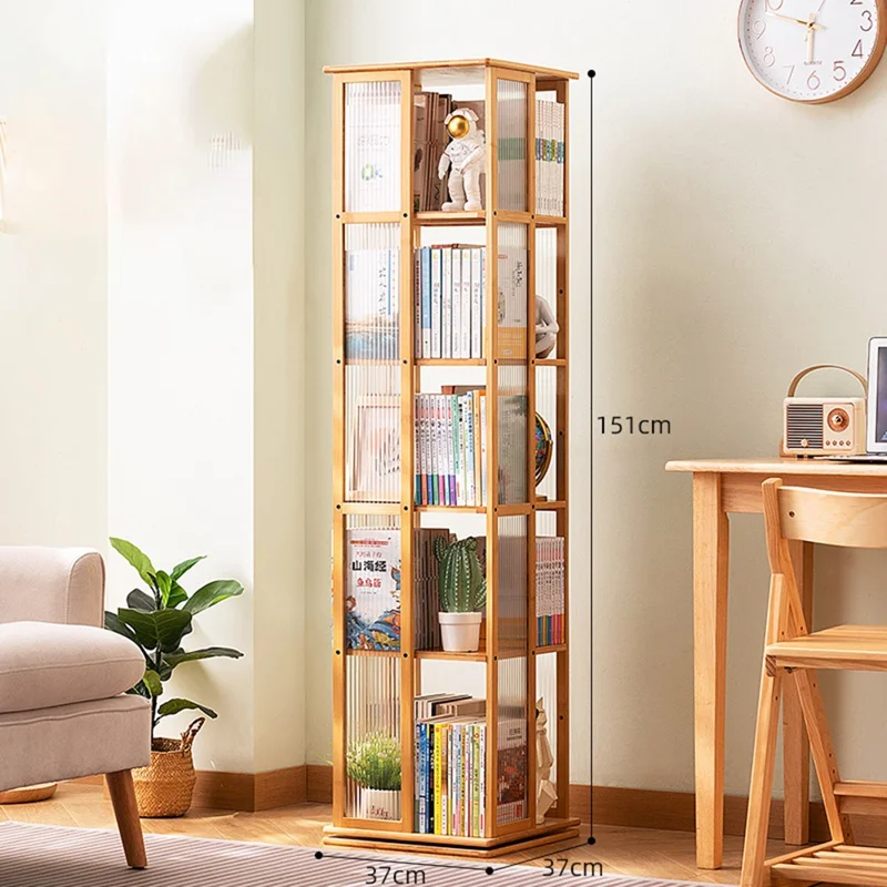 Bamboo 360° Rotating Floor-Standing Storage Rack High Capacity 5-Tier Integrated Bookshelf Space Saving for Home Living Room - Natural