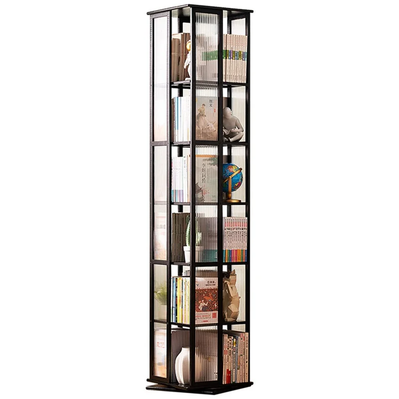 Bamboo 360° Rotating Floor-Standing Storage Rack High Capacity 6-Tier Integrated Bookshelf Space Saving for Home Living Room - Black