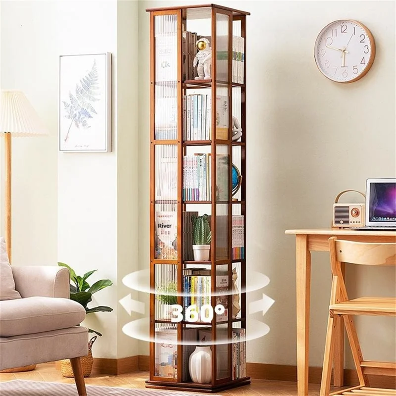Bamboo 360° Rotating Floor-Standing Storage Rack High Capacity 6-Tier Integrated Bookshelf Space Saving for Home Living Room - Black
