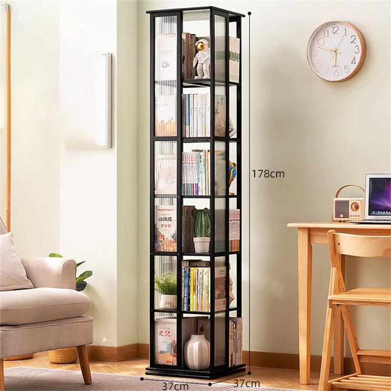 Bamboo 360° Rotating Floor-Standing Storage Rack High Capacity 6-Tier Integrated Bookshelf Space Saving for Home Living Room - Black