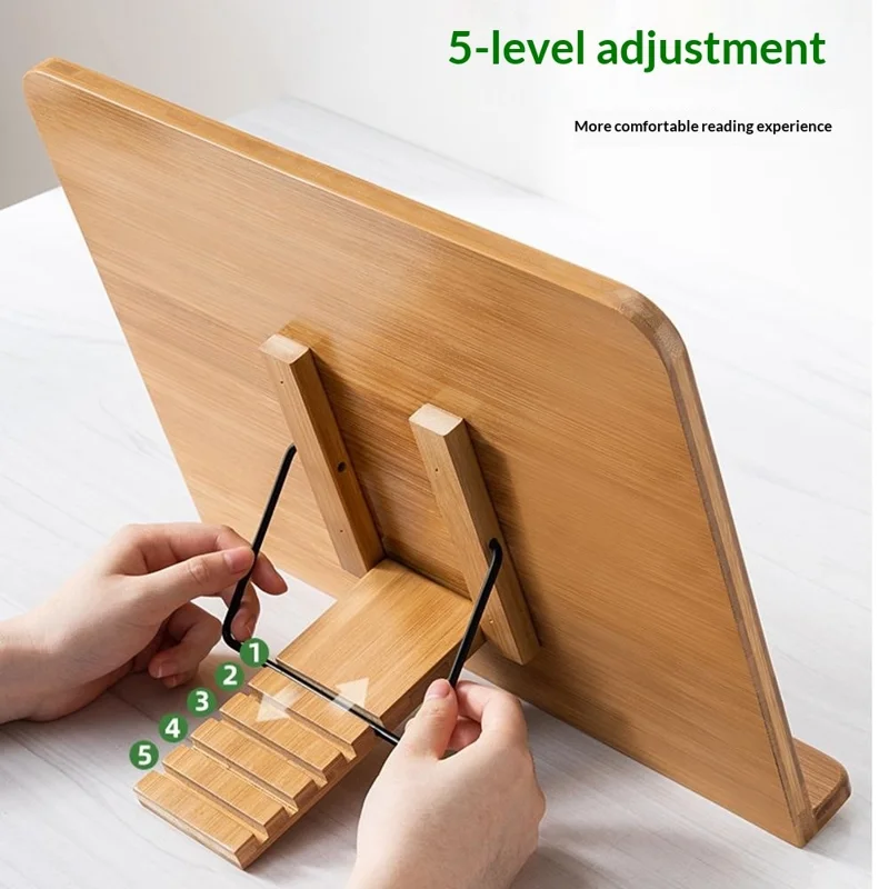 Bamboo Small Desktop Book Stand 5-Level Adjustable Height Reading Shelf Portable Folding Book Holder for Student Children - Natural