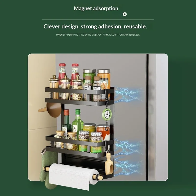 Étagère de Rangement Magnétique pour Réfrigérateur, Organisateur Latéral à 3 Niveaux, Support Suspendu pour Cuisine sans Perçage - Noir