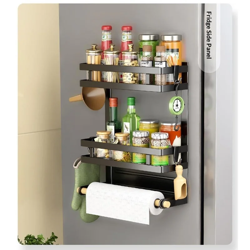 Étagère de Rangement Magnétique pour Réfrigérateur, Organisateur Latéral à 3 Niveaux, Support Suspendu pour Cuisine sans Perçage - Noir