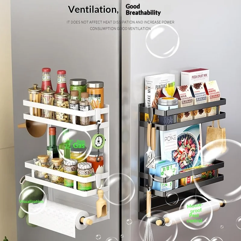 Étagère de Rangement Magnétique pour Réfrigérateur, Organisateur Latéral à 3 Niveaux, Support Suspendu pour Cuisine sans Perçage - Noir