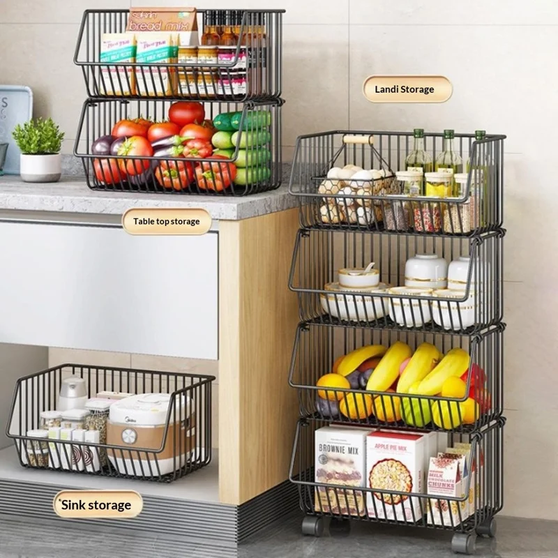 Rack de rangement de cuisine moyen à 2 étages pour légumes et fruits, chariot roulant de grande capacité, étagère debout, panier